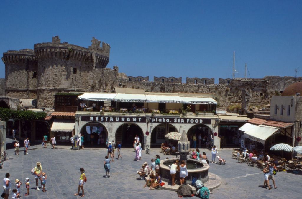 Town square of Platia Ippokratous, on the island of Rhodes, in June 1988, Greece.