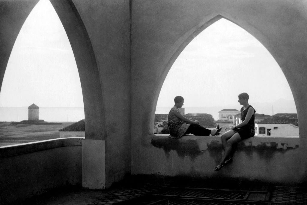 Two women sitting in the balcony of hotel in Rhodes, 1920.
