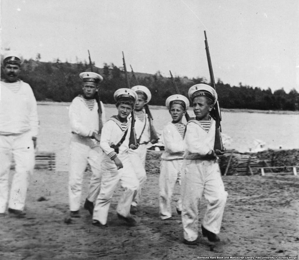 Tsarevich Aleksei, third from left, playing soldiers.