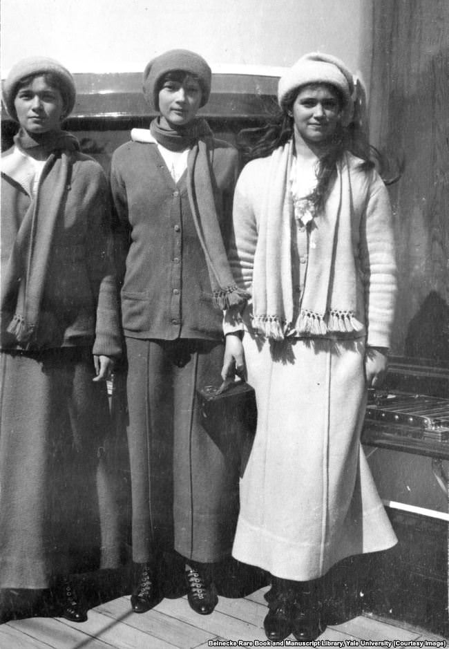 Grand Duchesses Olga, Tatyana, and Maria aboard the Standart in 1914.
