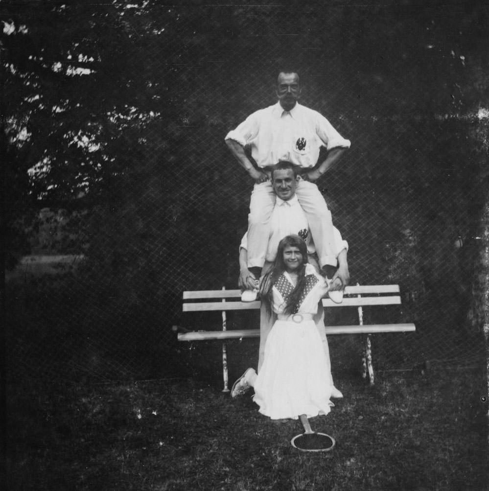 Anastasia, the youngest of the Grand Duchesses, photographed after a round of tennis with an officer and her father, Nicholas II. On the night of the murders, on July 17, 1918, Anastasia fainted in the initial hail of bullets. She awoke moments later and screamed before the Bolshevik troops piled on