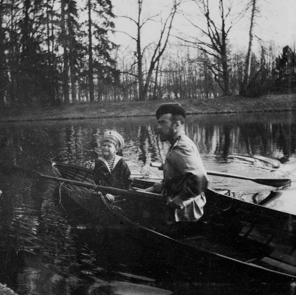 Tsar Nicholas II and his son, Aleksei, near St. Petersburg.