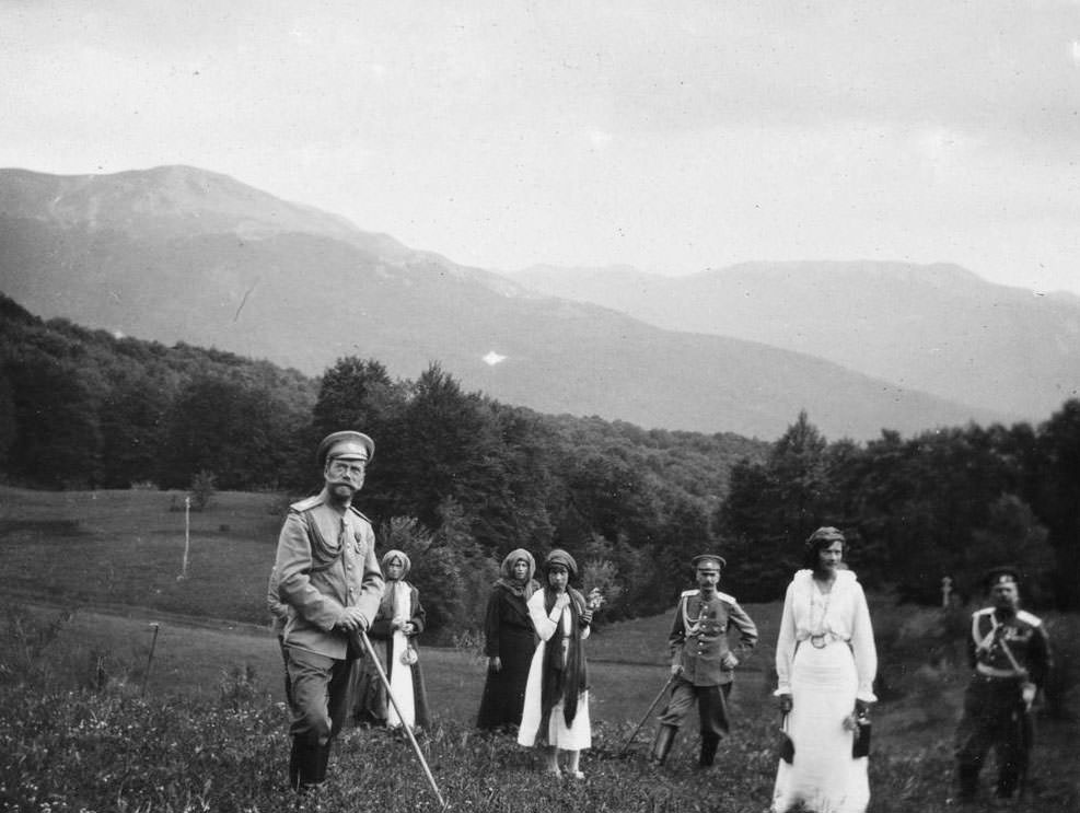 Nicholas II and his daughters hiking in Crimea.