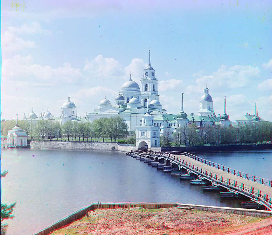 View of the monastery from Svetlitsa [Island, Saint Nil Stolbenskii Monastery, Lake Seliger], 1910