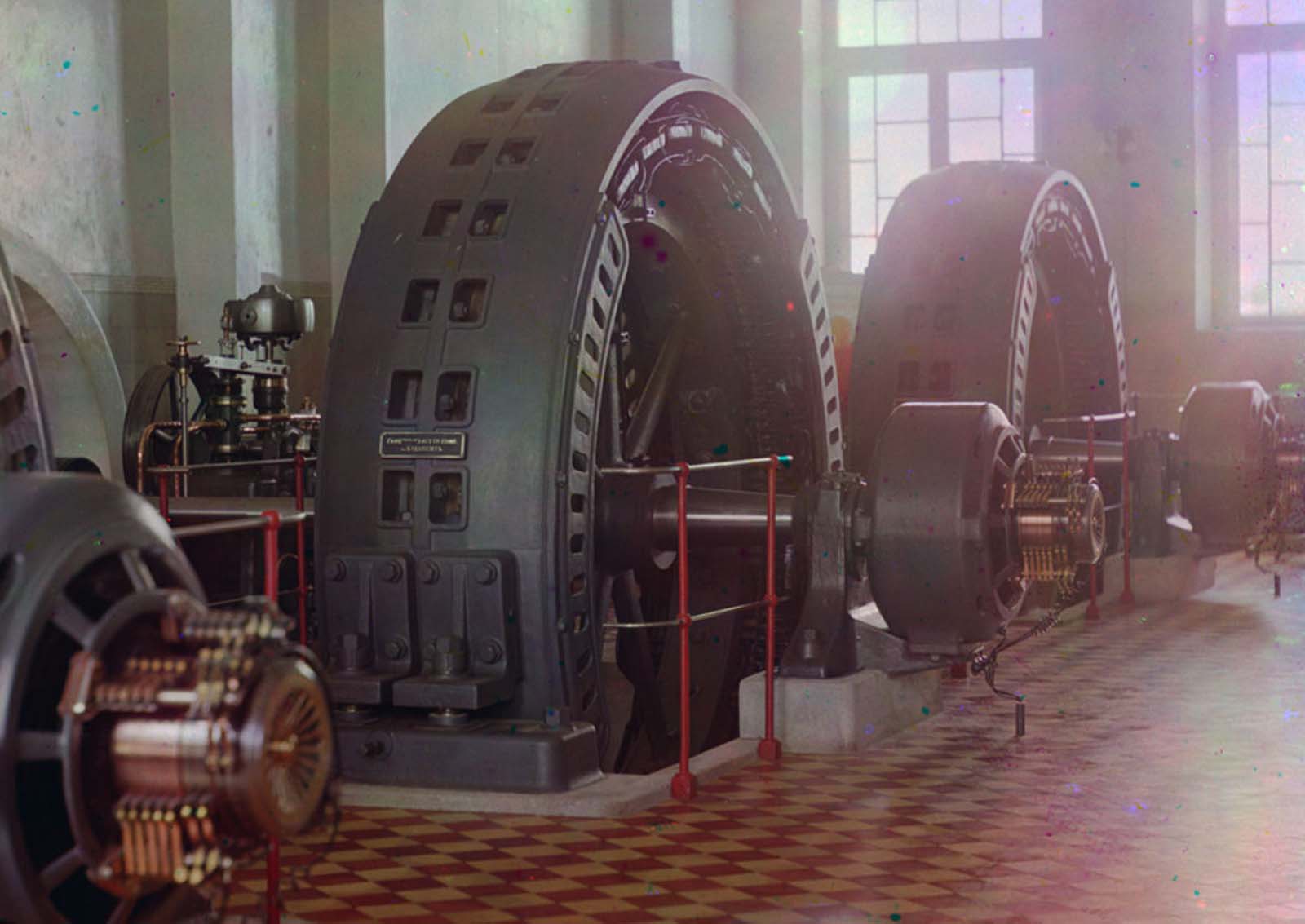 Alternators made in Budapest, Hungary, in the power generating hall of a hydroelectric station in Iolotan (Eloten), Turkmenistan, on the Murghab River, 1910.