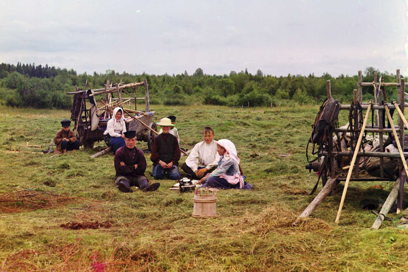 Peasants harvesting hay in 1909. From the album “Views along the Mariinskii Canal and river system, Russian Empire”.