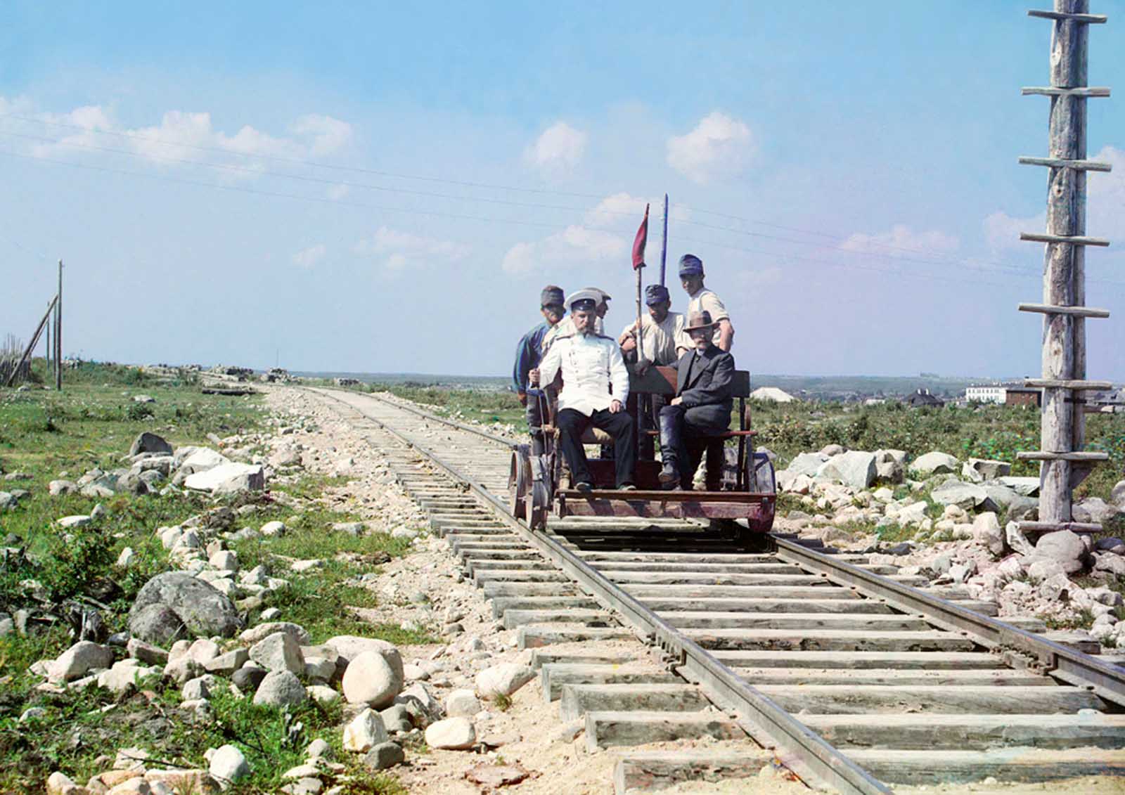 Prokudin-Gorskii rides along on a handcar outside Petrozavodsk on the Murmansk railway along Lake Onega near Petrozavodsk in 1910.