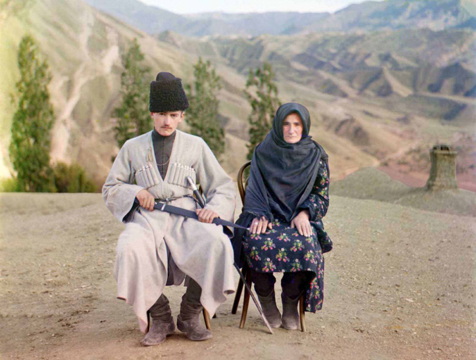 A man and woman pose in Dagestan, 1910.