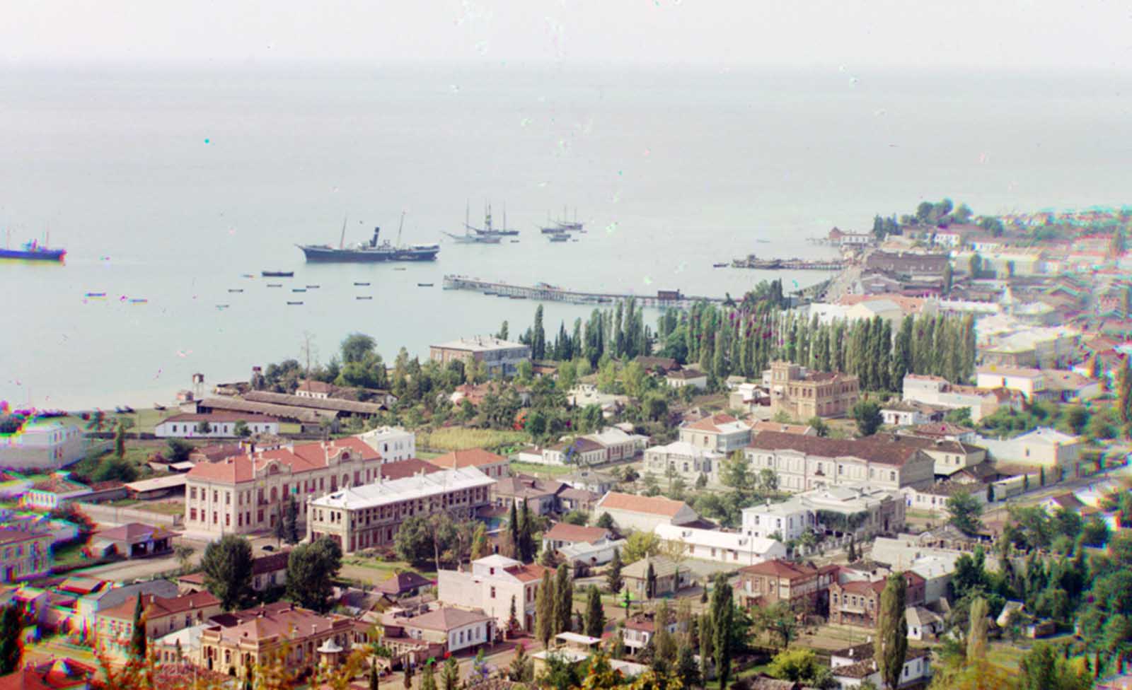 A general view of Sukhumi, Abkhazia and its bay, seen sometime around 1910 from Cherniavskii Mountain.