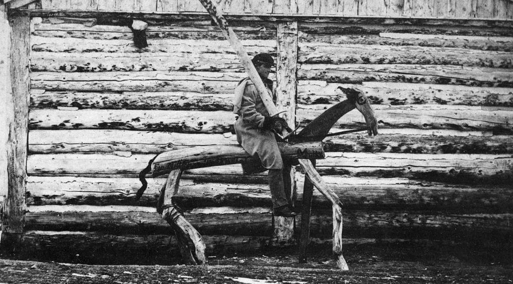 A wooden Mormon 'punishment horse' at Salt Lake City, 1900.
