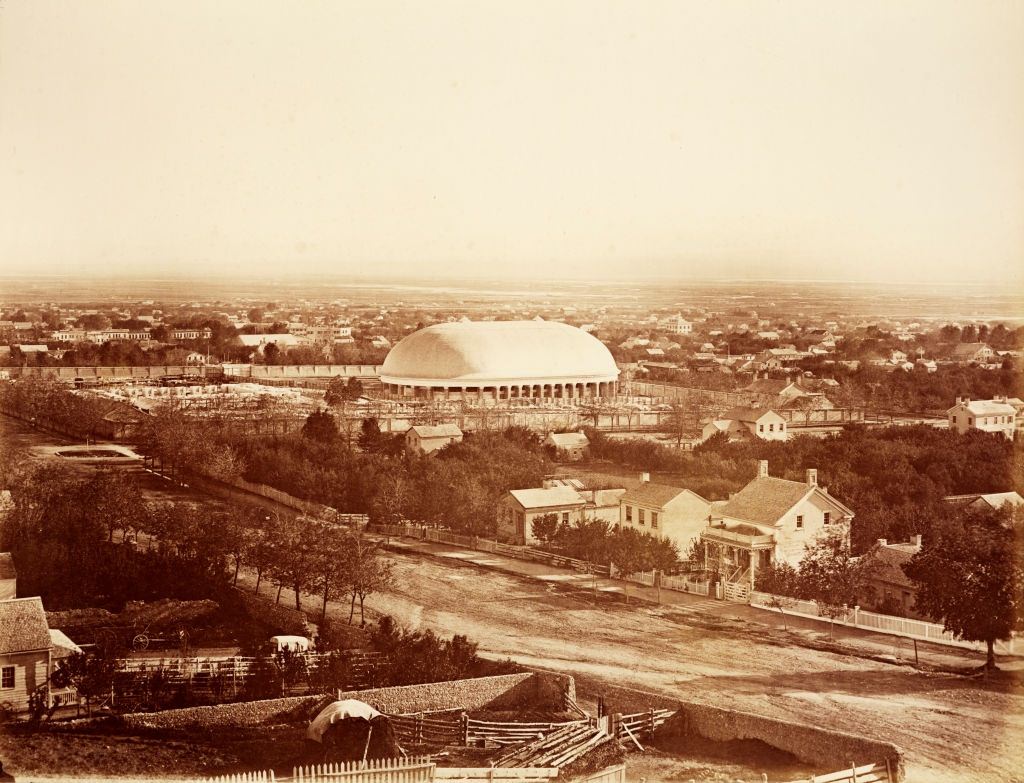 View over Salt Lake City with a Mormon Temple in the centre, 1900.