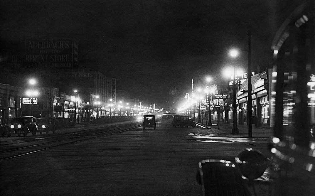 Salt Lake City street at night, 1930.