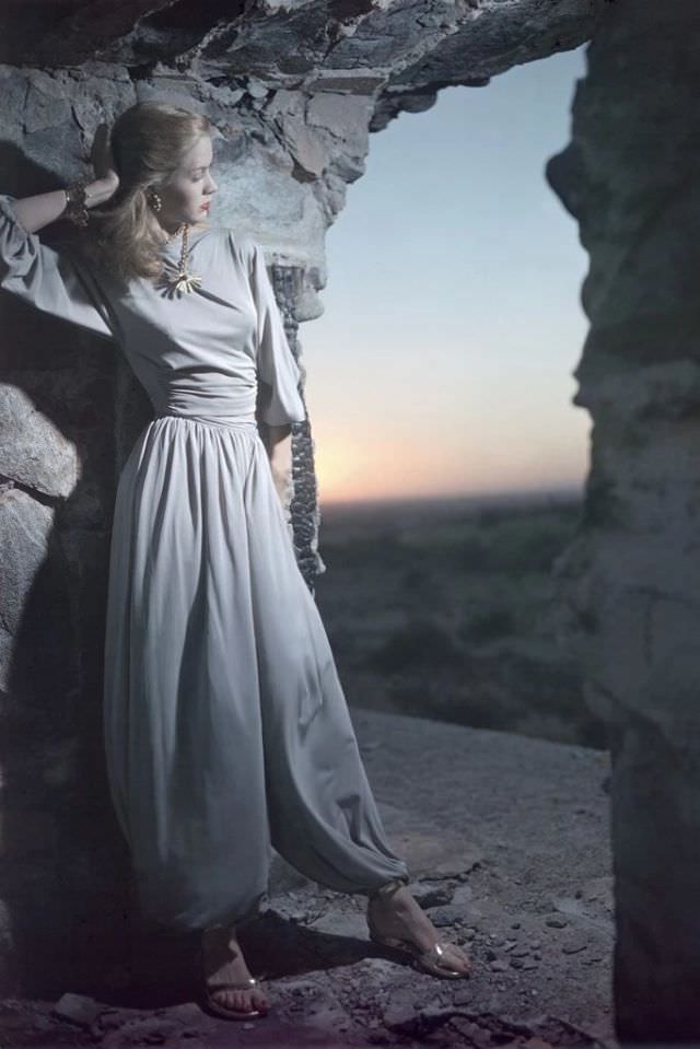 Model wearing Claire McCardell's 'Arabian Nights' trouser set in gray rayon jersey, 1946