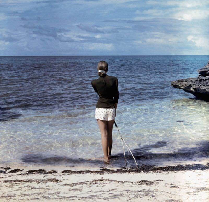 Model in polka-dot shorts and jersey top, 1947