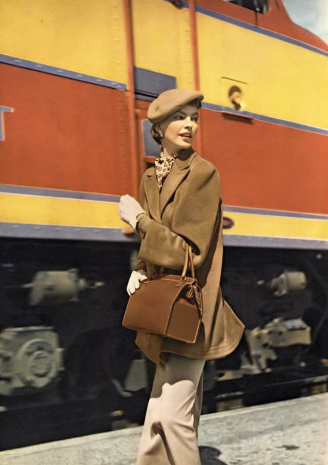 Katherine Cassidy in uncomplicated travel coat of Worumbo Polo Cloth, felt hat and cowhide bag, Vogue, May 15, 1949