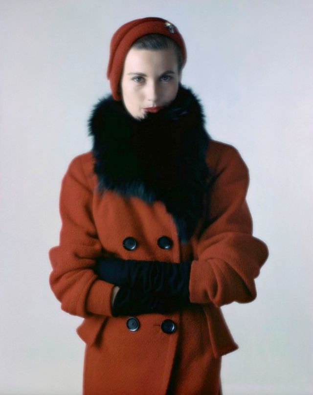 Mary Jane Russell in Juilliard wool tweed coat with black fox collar, 1949