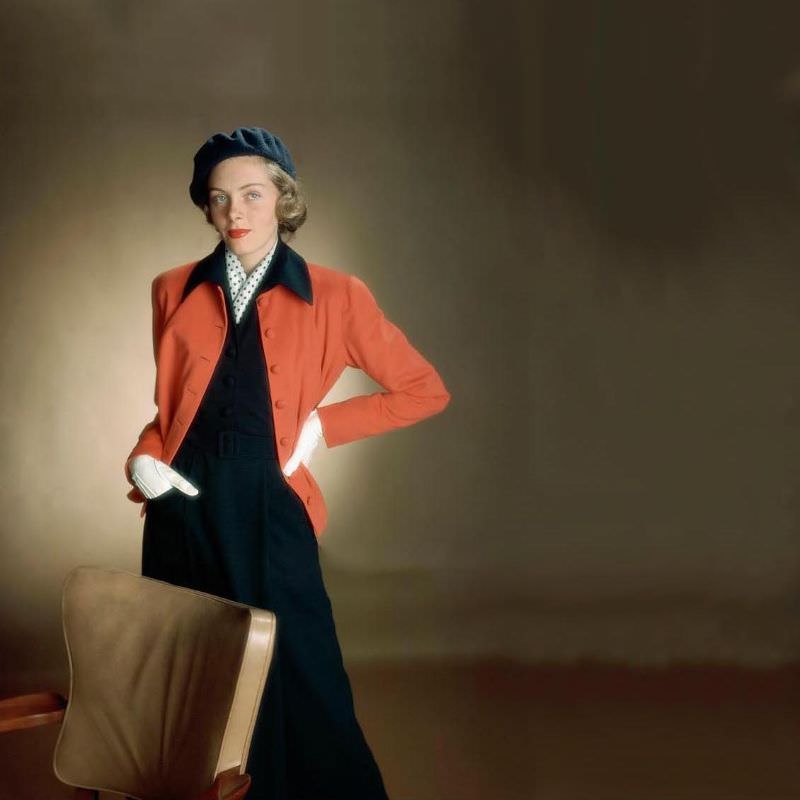 Model wearing deep-throated two-piece dress in navy with straight little cardigan jacket in red, Glamour, 1949