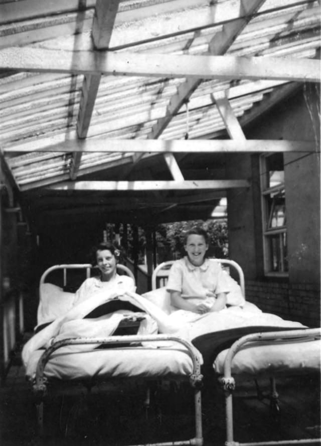 Two young female patients on the verandah at Stannington Sanatorium, 1946.