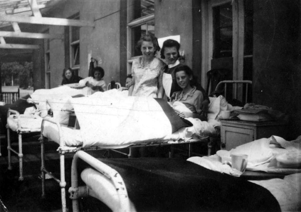 Young patients in bed on the verandah at Stannington Sanatorium, . 1946.