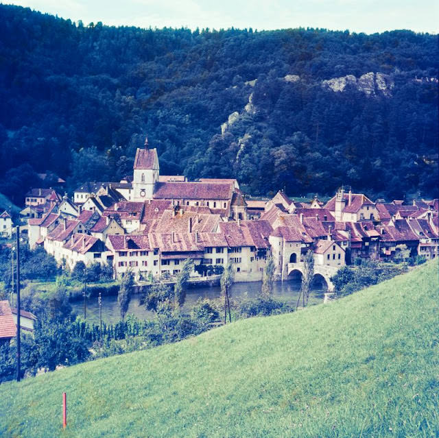 St Jean Bridge and the village, Saint-Ursanne, 1950s