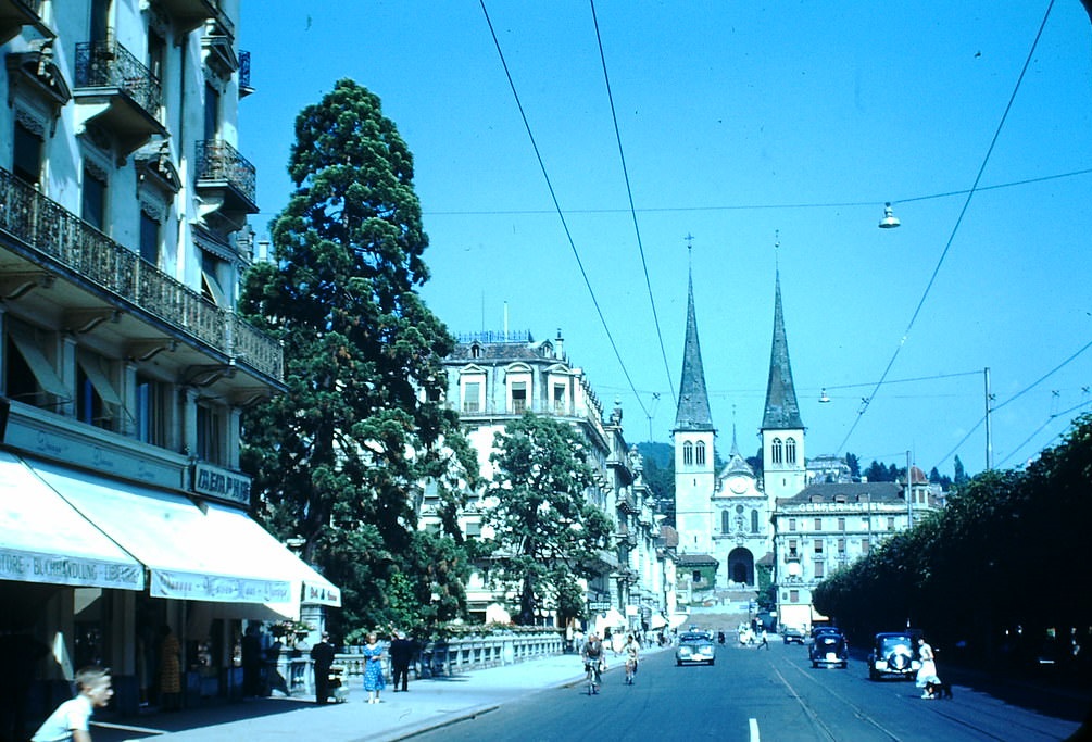 Hofkirke at end of Schweizerhof Quai- Lucerne, Switzerland, 1953