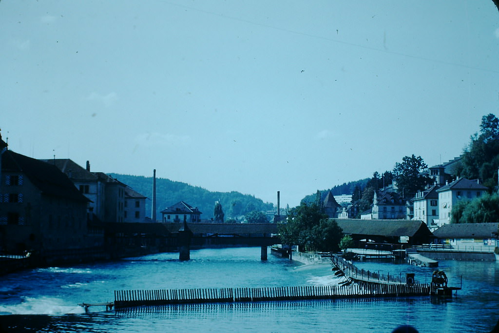 Oldest Bridge in Lucerne, Switzerland, 1953