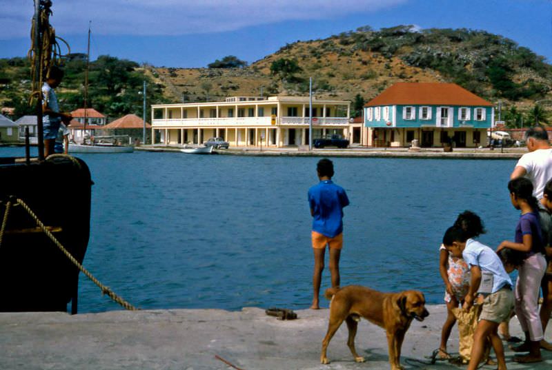 Kids fishing in Gustavia, St Barts, 1960s