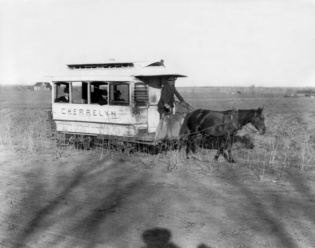 The Cherrelyn horse car on a country road outside of Denver, Denver, 1890.