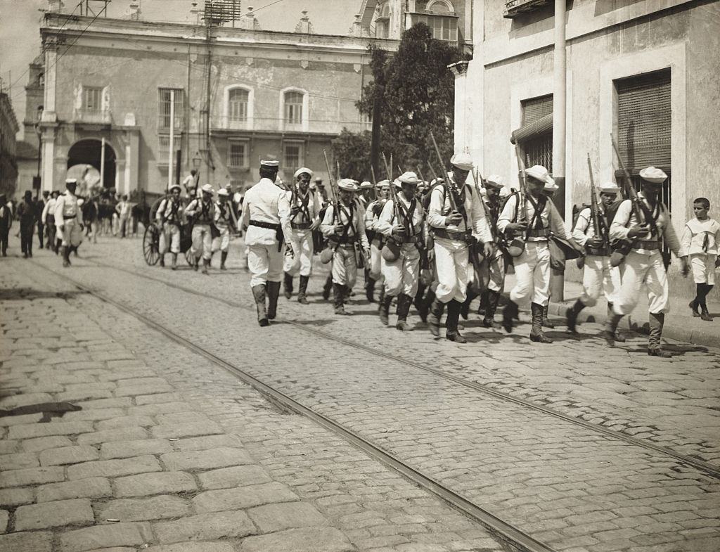 Crew of USS Denver Marching Through Streets, 1890.