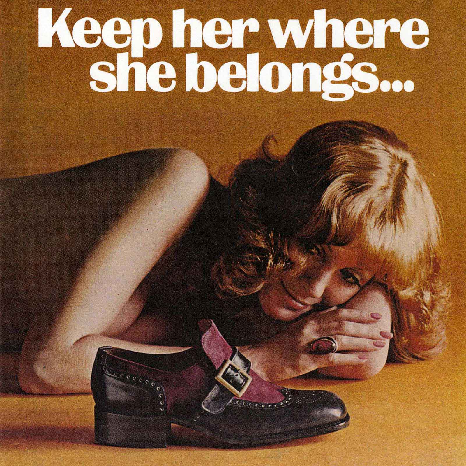 A sexist vintage ad from the 1970s, promoting some fancy two-tone men’s shoes.