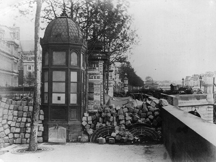 Cobblestones ripped from the streets and used for barricades on the Quai Pelletier and the Pont d'Arcole during the siege of the Paris Commune, 1871.