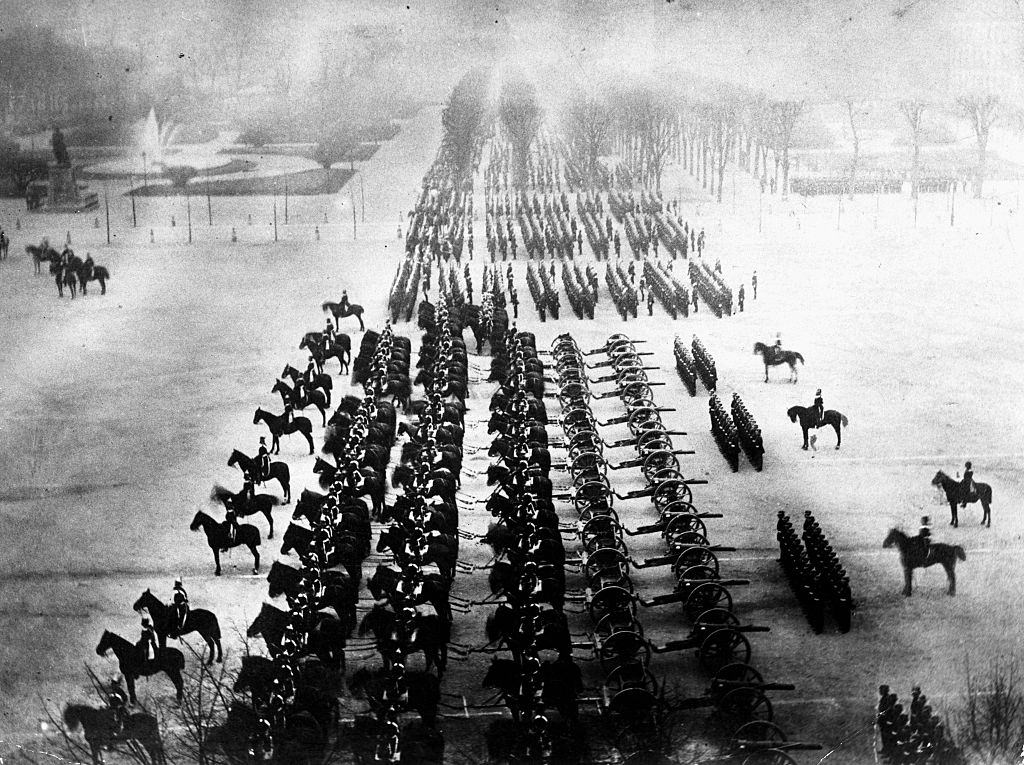 Prussian troops parade on the Champs Elysees in Paris after their takeover of the city during the Franco-Prussian War, France, January 1871.