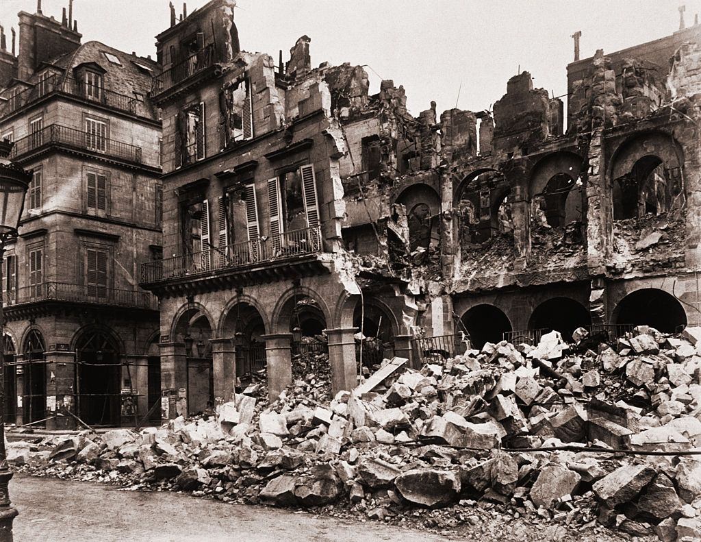 The ruins of the Ministry of Finance on the Rue de Rivoli in Paris after being badly damaged during the Franco-Prussian War.
