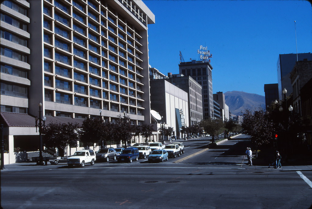 Looking east along 100 S from Convention Center, Salt Lake City, 1990s