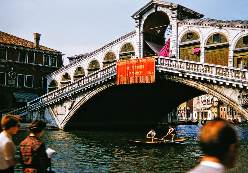 Banner for the XXVIII Venice Biennale hanging from the Rialto Bridge, Venice, 1956