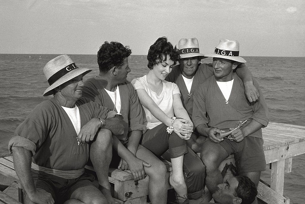 Celebrities take a stroll on a gondola in Venice, during the 17th Venice Intenational Film Festival. Venice , 1956.