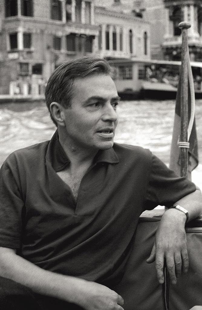 The actor James Mason on boat, in the course of the 17th Venice Intenational Film Festival. Venice (Italy), 1956.