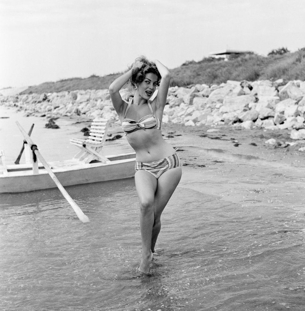 Abbe Lane, American singer and actress at 1956 Venice Film Festival.