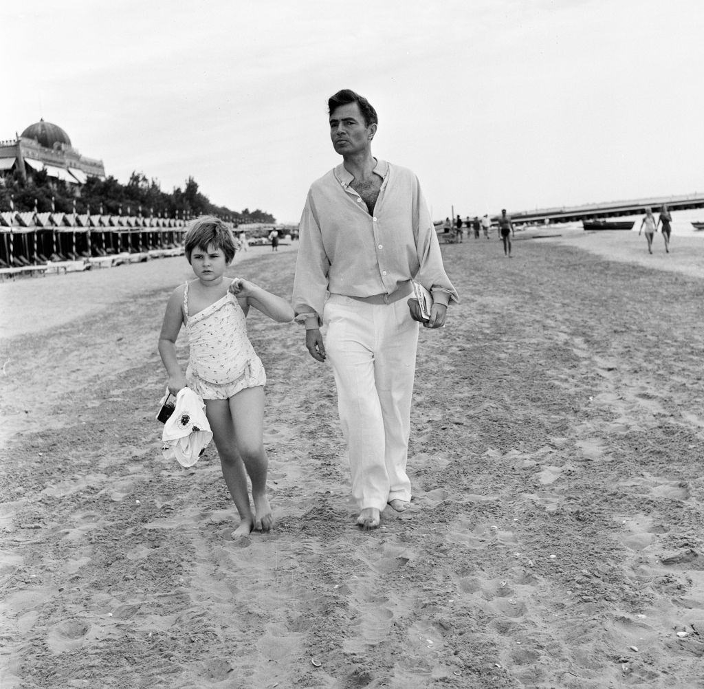 James Mason, English actor with his daughter, Portland Mason TV show 'Let's Take a Trip' rehearsal of festival La Posada, 8 December 1956.