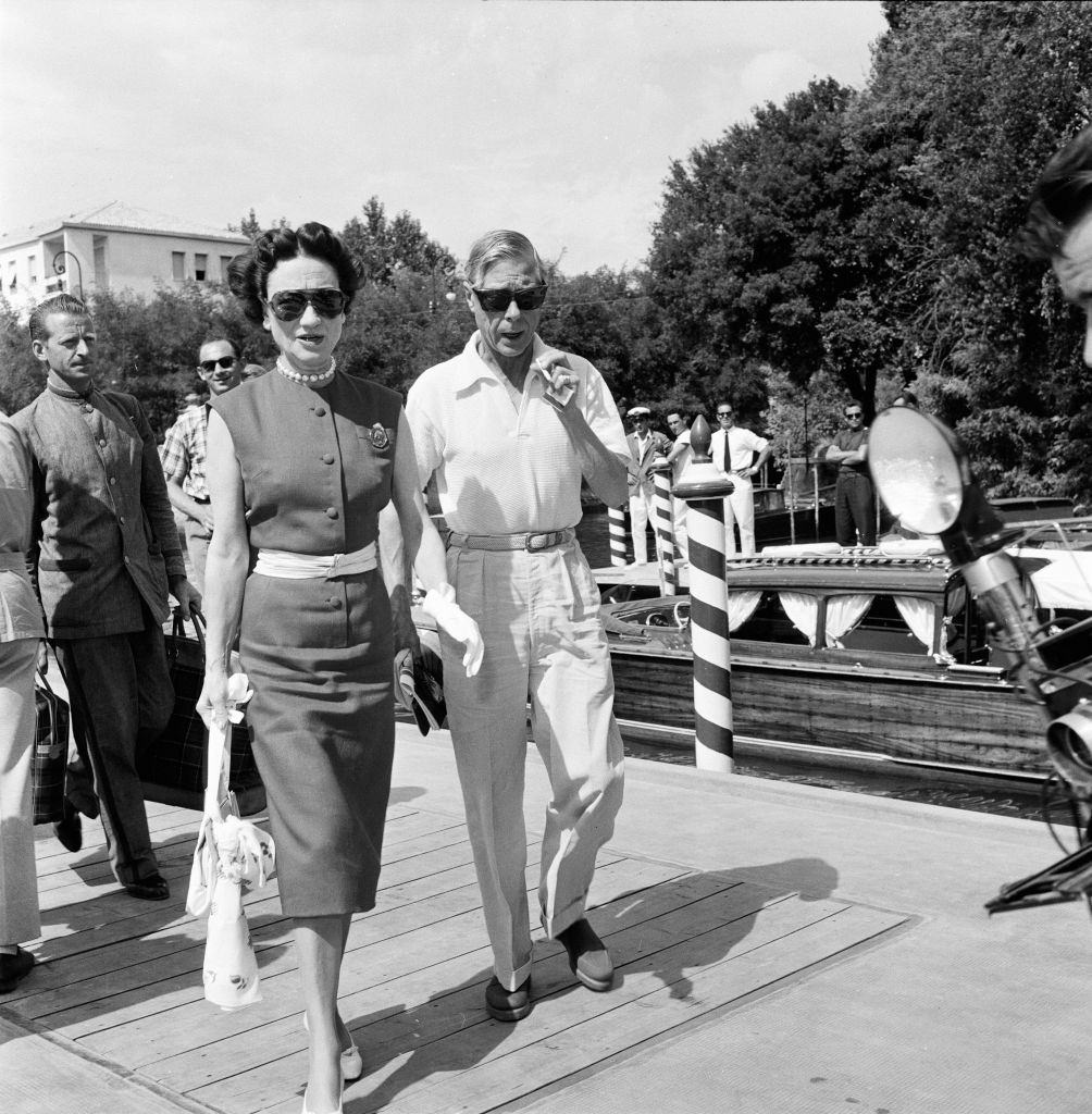 Duke and Duchess of Windsor, Prince Edward and Wallis Simpson, alight at Excelsior landing stage from Venice.