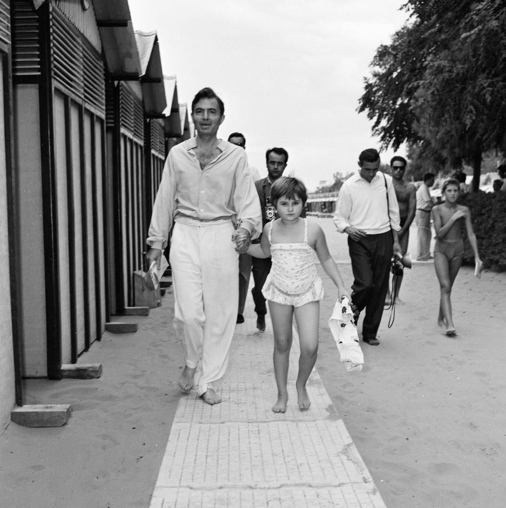 James Mason, English actor with daughter, Portland Mason at 1956 Venice Film Festival.