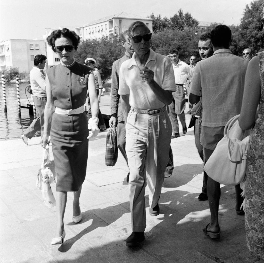 Duke and Duchess of Windsor, Prince Edward and Wallis Simpson, alight at Excelsior landing stage from Venice.