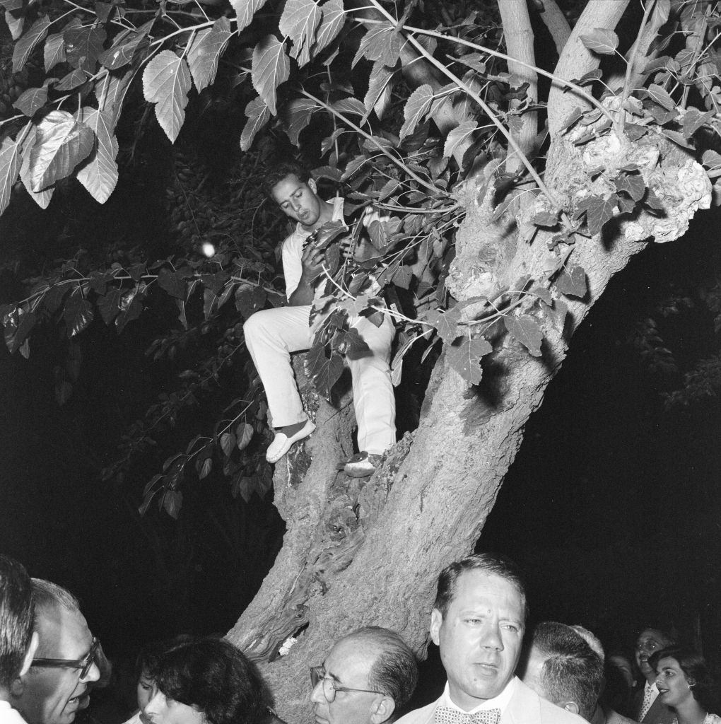 Photographer hopes for birds eye view of proceedings during cocktail party hosted by Oscar winning Italian actress Anna Magnani at the Golf Club Lido di Venezia.