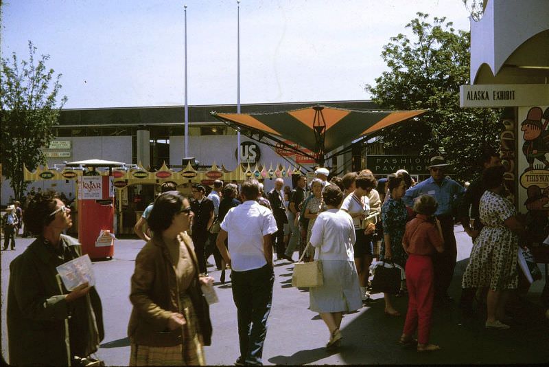 Patron's walking the World's Fair near the Alaska Exhibit on a summer's day in 1962