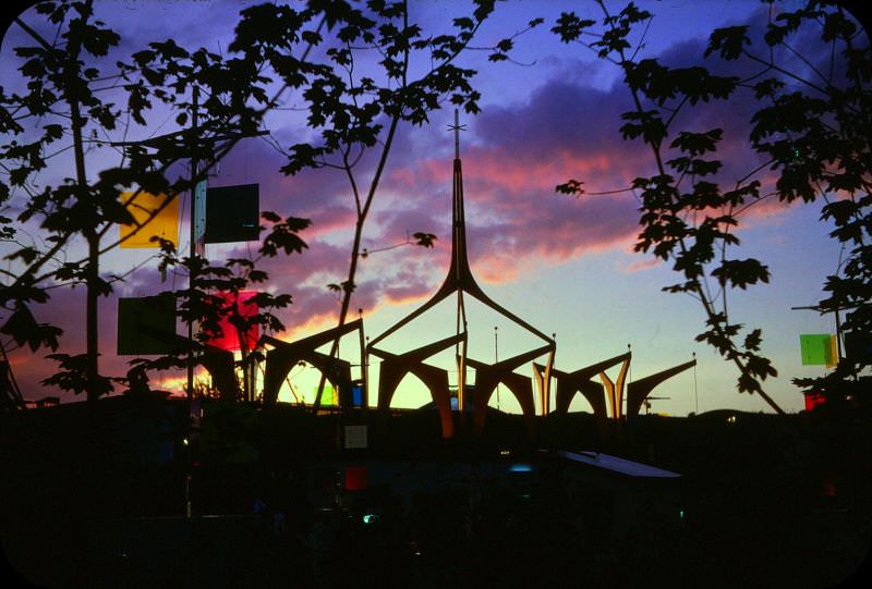 The Christian Pavilion as the sun sets on a June day at the 1962 Seattle World's Fair