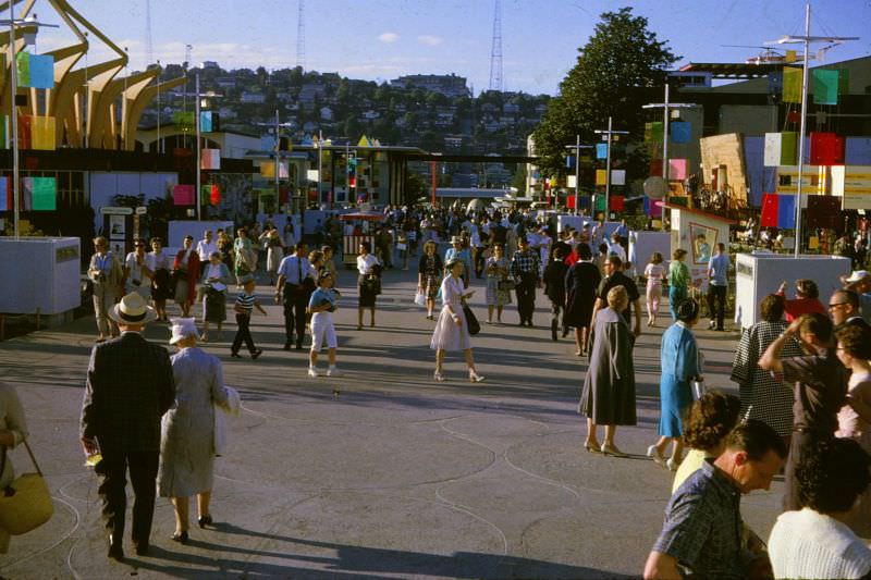 The fairgrounds at the 1962 Seattle World's Fair. The building on the left in the very front is the Christian Pavilion