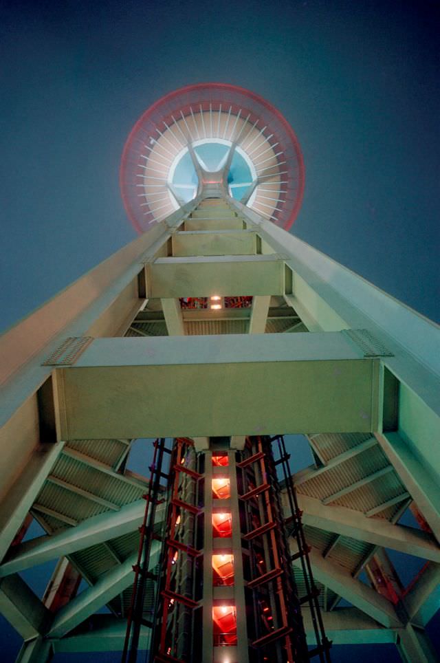 Under the Space Needle on a foggy night during the 1962 Seattle World's Fair