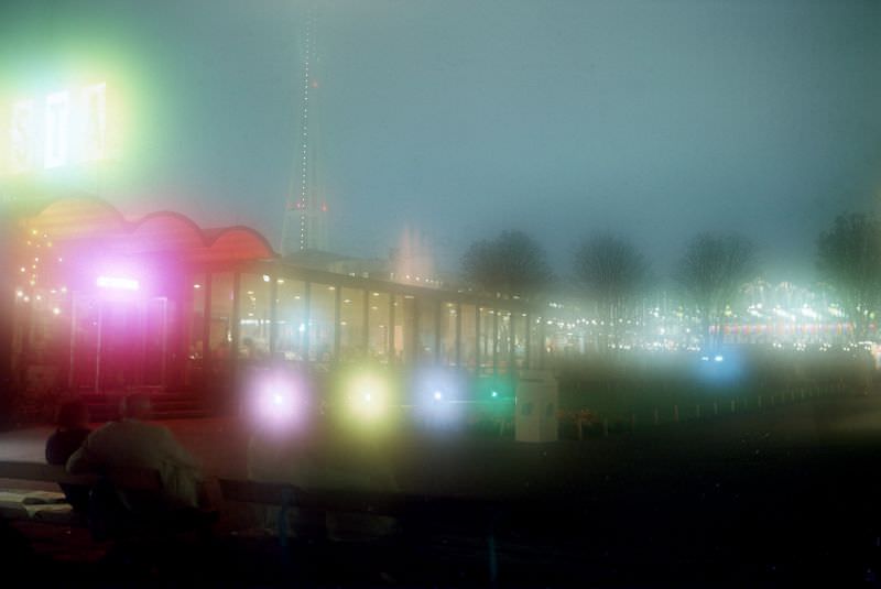 Fiesta Restaurant on a foggy night at the 1962 Seattle World's Fair