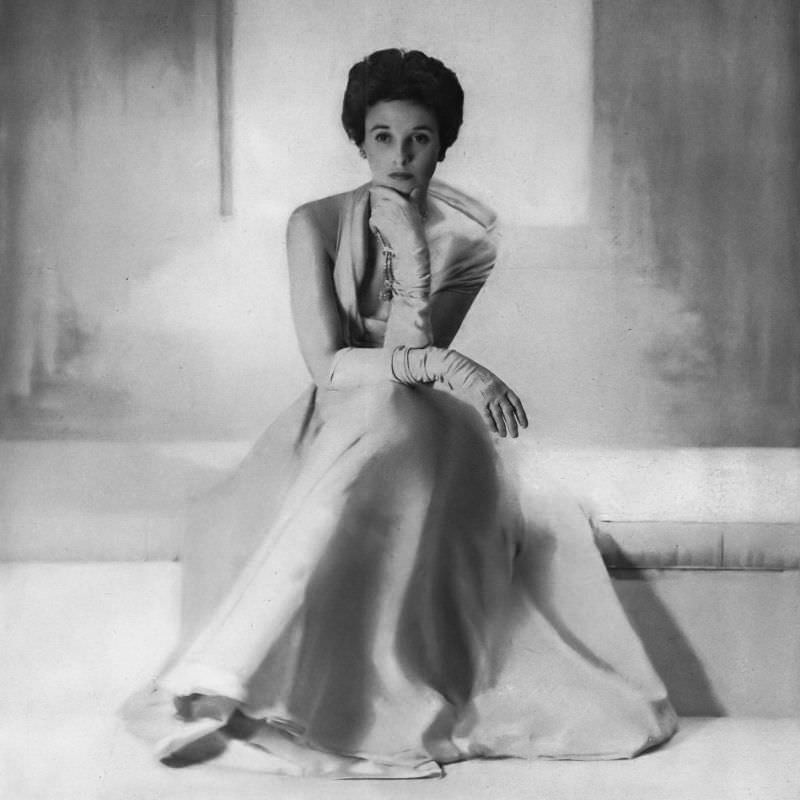 Babe Paley in azure silk chiffon gown made to order at Hattie Carnegie, Vogue, February 1, 1949