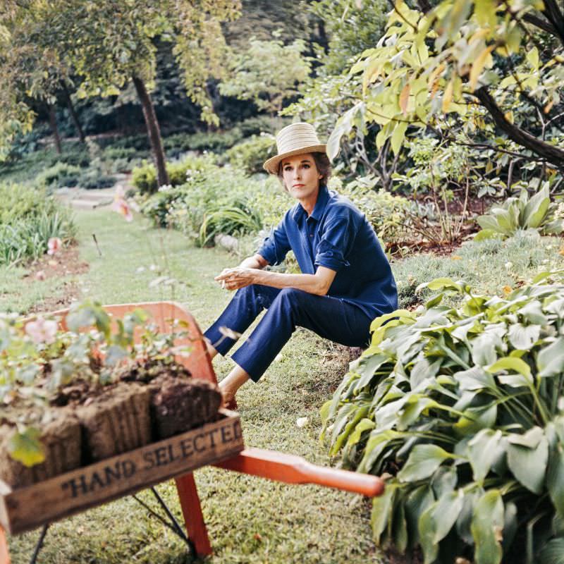 Babe Paley in shirt and pants from Givenchy Boutique at her villa in the outskirts of Paris, August 1965